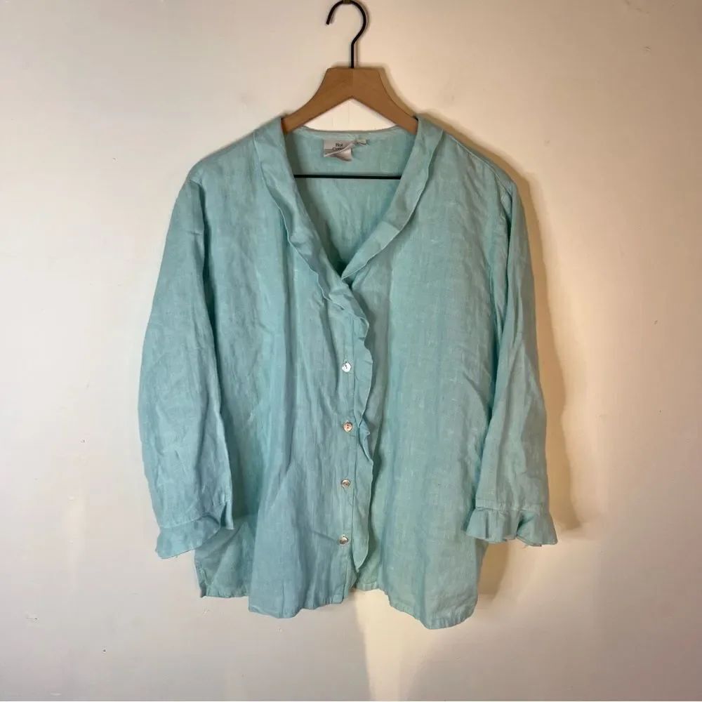 Hot Cotton Linen Baby Blue Aqua Button-Up Long sleeve Shirt Ruffle Hem XL